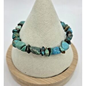 American Turquoise Gemstone Bracelet Natural Stretchy 6 3/4" Round Nuggets Chips